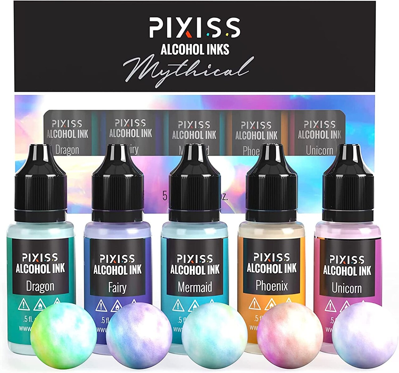 Pixiss Iridescent Alcohol Inks Set, 5 Highly Saturated Mythical Alcohol Inks for Resin